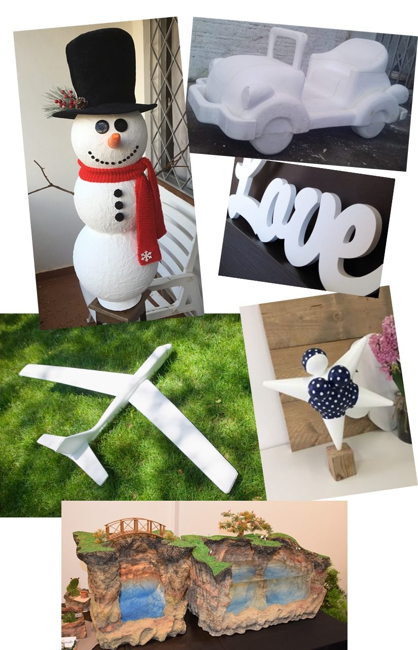 Peças decorativas em isopor (EPS): boneco de neve, aviões, letreiros e estrelas